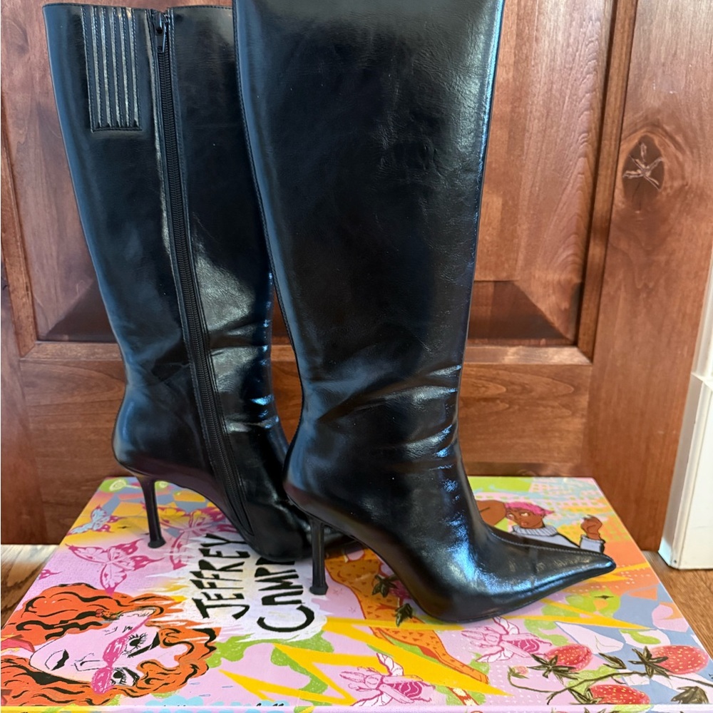 Jeffrey Campbell Black Pointed-Toe Knee-High Stiletto Boots